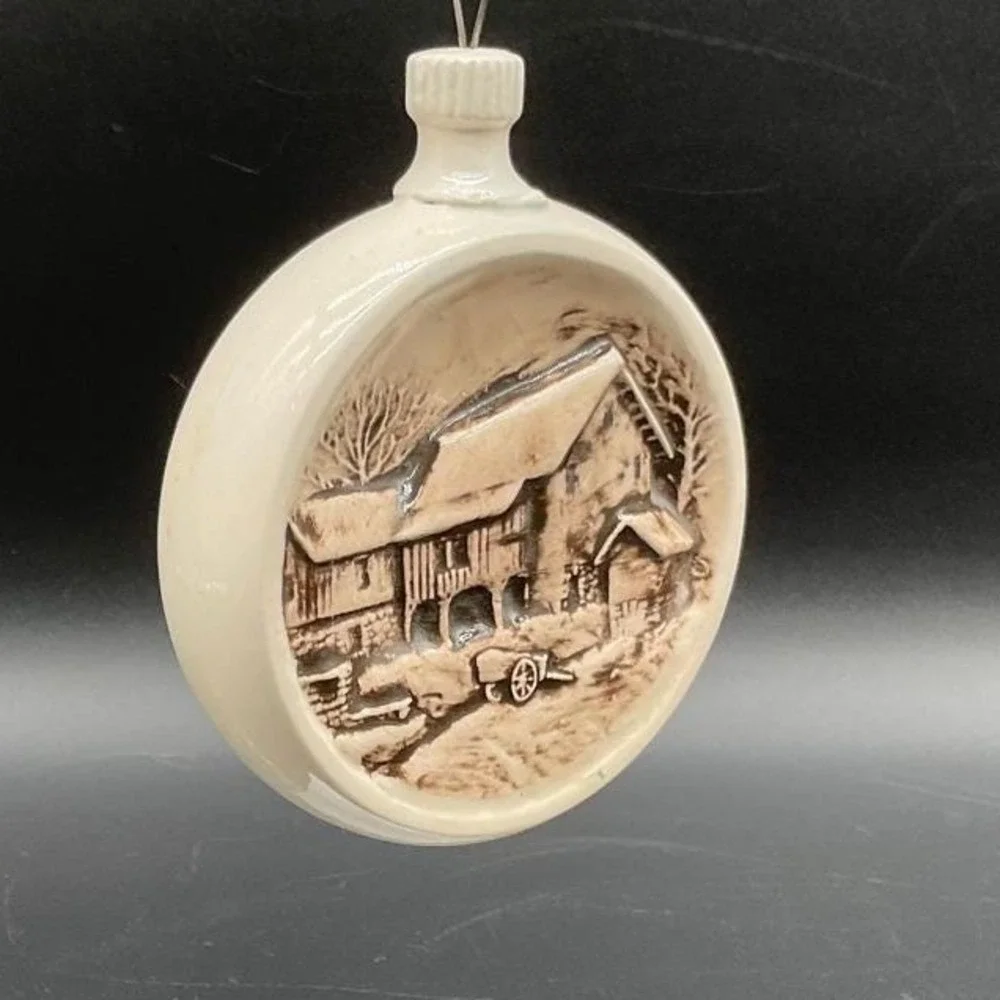 Vintage Round Ceramic Horse Sleigh Ornament Hanging Holiday Home Victorian Style